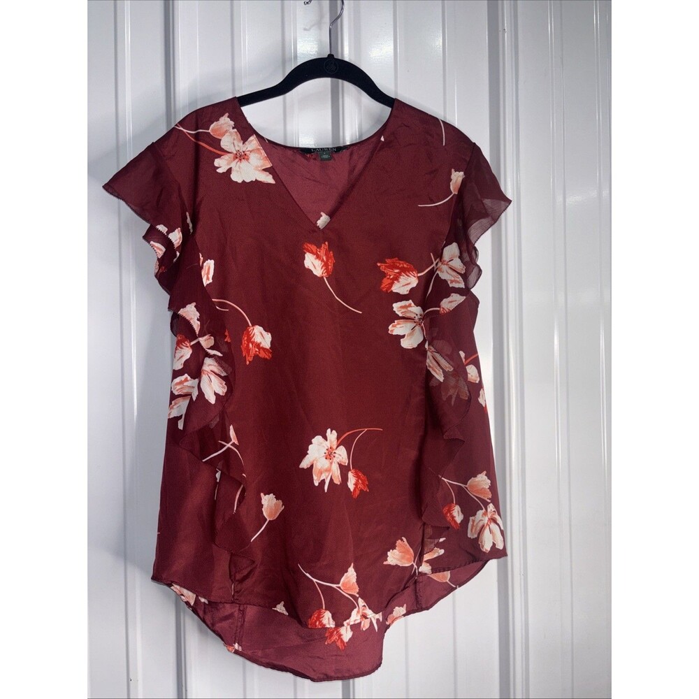 Lauren Ralph Lauren Burgundy Floral Ruffle Flutter Sleeve V-Neck Blouse Large